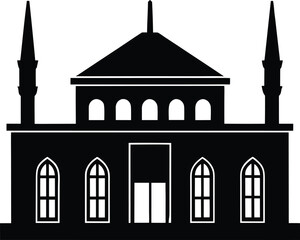Grand Mosque Silhouette with Minarets and Arched Windows Black Religious Building Graphic Vector Illustration Middle Eastern Architecture