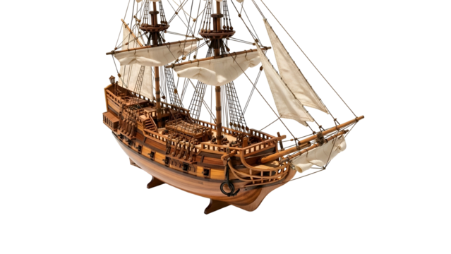 Ornate wooden ship model with sails, intricate rigging on black