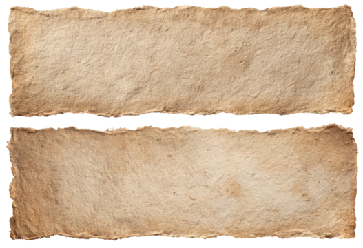 Two antique, torn pieces of paper, light beige, showing age and wear.  Both are rectangular and separated by a horizontal line.  Ragged edges