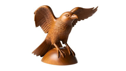 Wooden eagle sculpture, wings spread, perched on wood