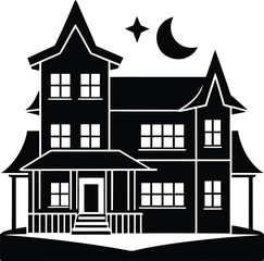 Haunted House Mansion Illustration with Crescent Moon Star Halloween Night