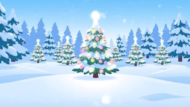 Snowy Christmas Tree Forest Animation with Lights and Decorations Falling Snow