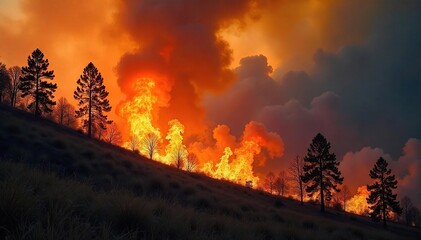 Raging Wildfire Engulfs Dry Forest, Billowing Smoke into a Smoky Sky A Powerful Image of Intense Heat and Destruction