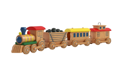 Wooden toy train with red roof & coal car, isolated view