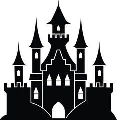 Medieval Fantasy Castle Fortress with Towers and Turrets Silhouette Icon Vector Graphic Illustration