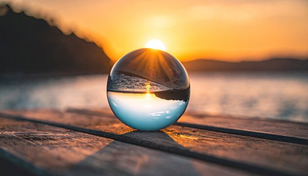 Crystal sphere resting on wooden pier reflecting golden sunset over tranquil lake with distant hills and warm sky