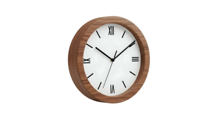Round clock with wood frame, white face, Roman numerals on black