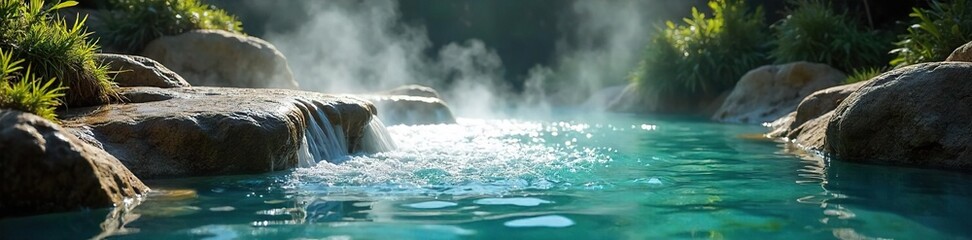 Serene Geothermal Hot Spring Cascade Lush Green Vegetation, Smooth Rocks, Steam Rising, Perfect for Spa, Wellness, Travel & Nature Stock Photos
