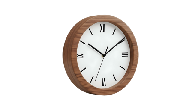 Round clock with wood frame, white face, Roman numerals on black
