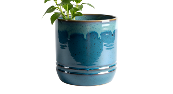 Turquoise planter with plant, glazed ceramic, dark background - Powered by Adobe