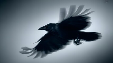 Black crow flying against a dark gradient background