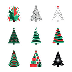 Obraz premium A diverse collection of nine stylized Christmas tree illustrations.
