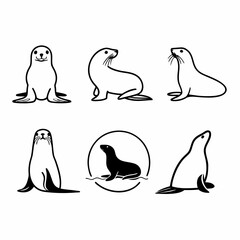 Six seals in different poses black and white vector illustration