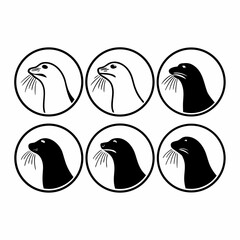 Six seal heads in circles black and white vector illustration