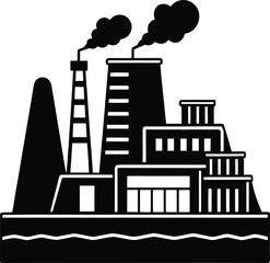 Obraz premium Industrial Power Plant Silhouette Vector Illustration Factory Building with Chimneys Smoke Environmental Pollution Icon