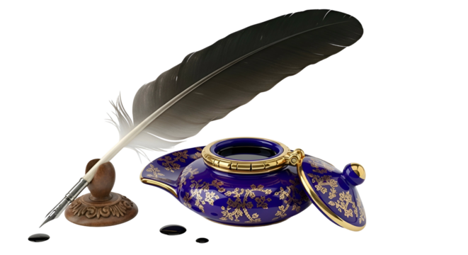 Feather quill resting on decorated inkwell, ink spills