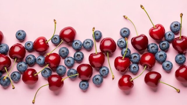 Fresh cherries and blueberries scattered on pink
