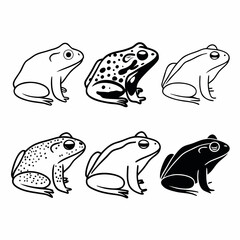 Set of six frog icons in black and white, each showcasing a unique pattern