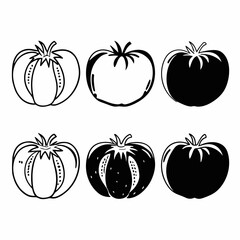 Collection of six tomato icons in black and white, each with a unique design