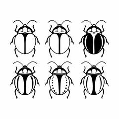 Set of six black and white beetle illustrations vector insect drawing