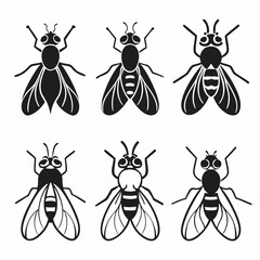 Collection of six fly icons, showcasing various fly species in black and white
