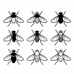 Collection of nine fly icons, showcasing various fly species in black and white