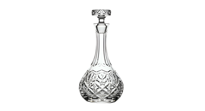 Faceted clear glass decanter with stopper, on a dark background - Powered by Adobe