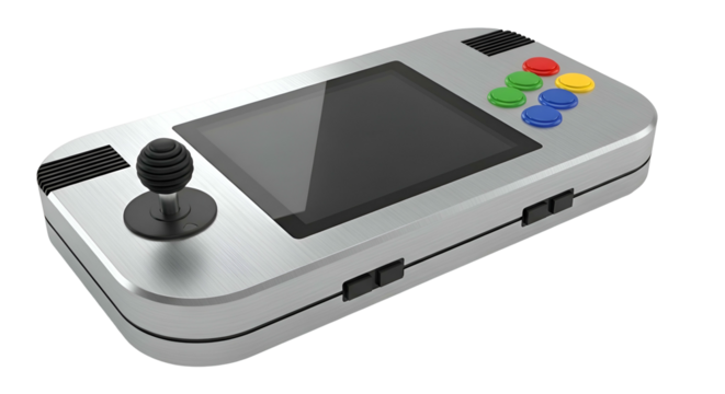 Retro handheld game console with joystick and colored buttons