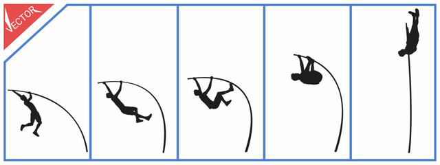Set of silhouettes of pole vault athletes. White background. Vector illustration.