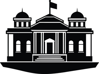 Traditional Government Building Silhouette Vector Stock Illustration Icon Black Color with Front Flagpole on Transparent Background