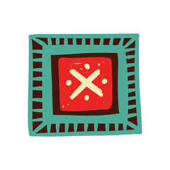 Hand Drawn Geometric Motif With Red Square Center Yellow X And White Dots Surrounded By Teal Border And Dark Brown Accents On Transparent Background