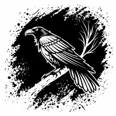 Fototapeta premium Grunge Raven Bird Silhouette Black Ink Style Vector