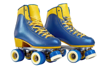 Pair of vibrant blue roller skates with yellow accents (1)