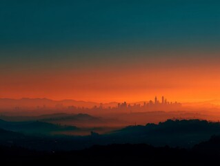 Fototapeta premium Silhouette of distant city skyline blending natural hills at sunset atmospheric horizon