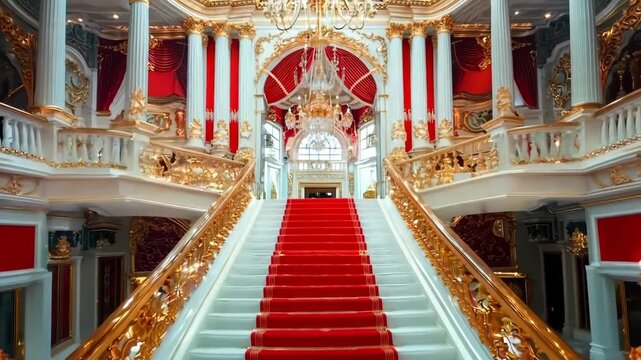 A red carpeted staircase in a grand building with a chandelier