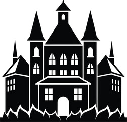 Obraz premium Ornate Castle Palace Building Silhouette Icon. Intricate Old World Fortress Exterior Flat Vector Graphic Illustration