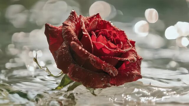 A close-up of a vibrant red rose with water droplets floats in water with blurred bokeh