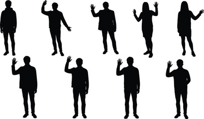 Waving silhouettes vector set with men and women standing, greeting gesture, friendly pose, welcoming people, communication, business, social interaction illustration design