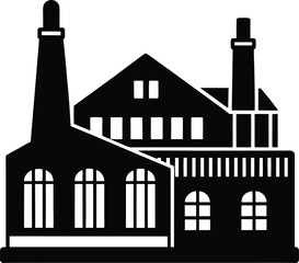 Fototapeta premium Industrial factory building silhouette vector design. Manufacturing plant graphic icon. Power station exterior vector illustration. Black industrial architecture symbol