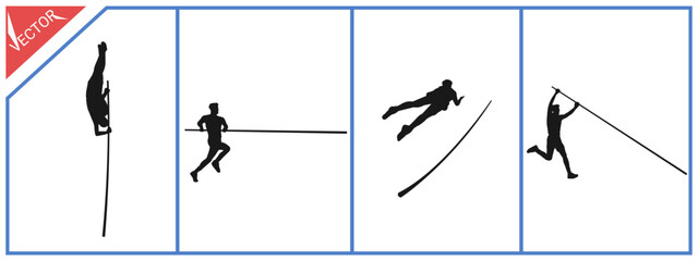 Set of silhouettes of failed pole vaulters on white background.Vector illustration.