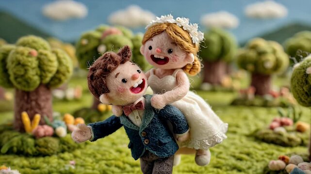 Animated figures celebrate wedding day outdoors with decorative trees and backdrop