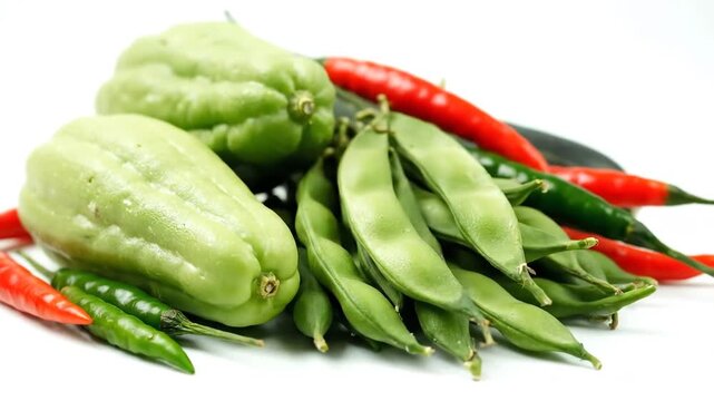 Fresh Vegetables Still Life Chayote Snow Peas and Chili Peppers.