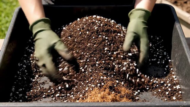 Hands work skillfully to blend soil ingredients, ensuring the perfect mix for nurturing vibrant plants. This lively activity takes place in a bright garden, filled with life.