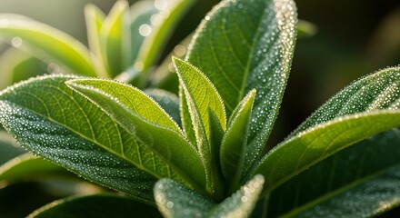 Close-up of green leaves with morning dew, fresh nature, natural texture, and eco-friendly background.