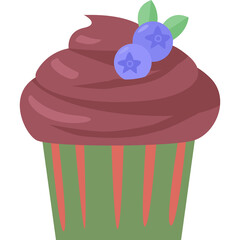 Delicious Chocolate Cupcake with Swirl Frosting and Blueberries on a Green Striped Wrapper with a Transparent Background