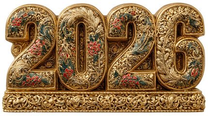 Ornate golden 2026 sculpture with floral details a luxurious decorative piece perfect for new year celebrations and elegant home decor themes