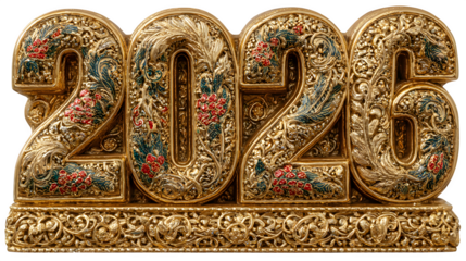 Ornate golden 2026 sculpture with floral details a luxurious decorative piece perfect for new year celebrations and elegant home decor themes