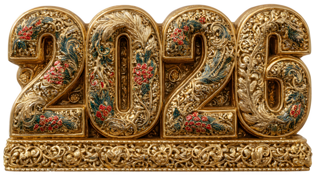 Ornate golden 2026 sculpture with floral details a luxurious decorative piece perfect for new year celebrations and elegant home decor themes