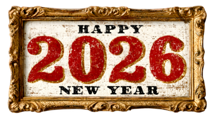 Happy new year 2026 vintage sign with red numbers and gold frame perfect for holiday greetings and festive decorations for the new year celebration