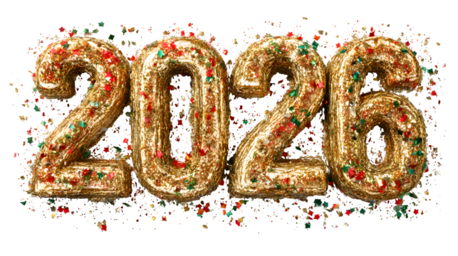 Glittering golden 2026 numerals adorned with festive confetti against a stark black backdrop perfect for new year celebrations and event promotions